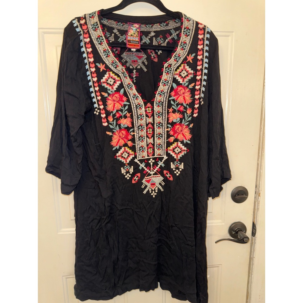 Johnny Was JW Workshop Black Embroidered Boho Tunic Mini Dress 7334 Size M
